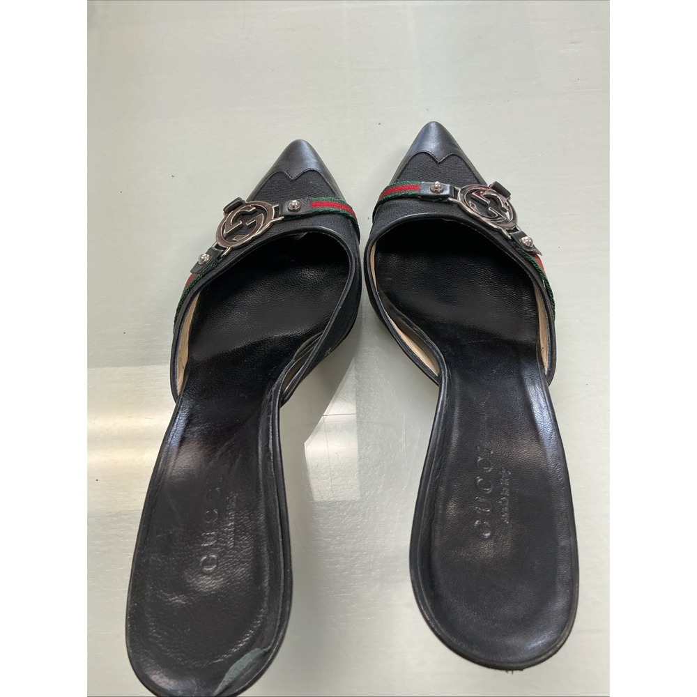 Gucci | Auth Black Leather Canvas Pointed Toe Ribbon Size 5 - Picture 5 of 7
